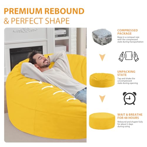 6FT Bean Bag Chair, Large Bean Bag Chairs with Memory Foam Filled, Fluffy Beanbag Sofa with Dutch Velvet Cover, Round BeanBag Chairs for Living Room, Playroom - Lemon