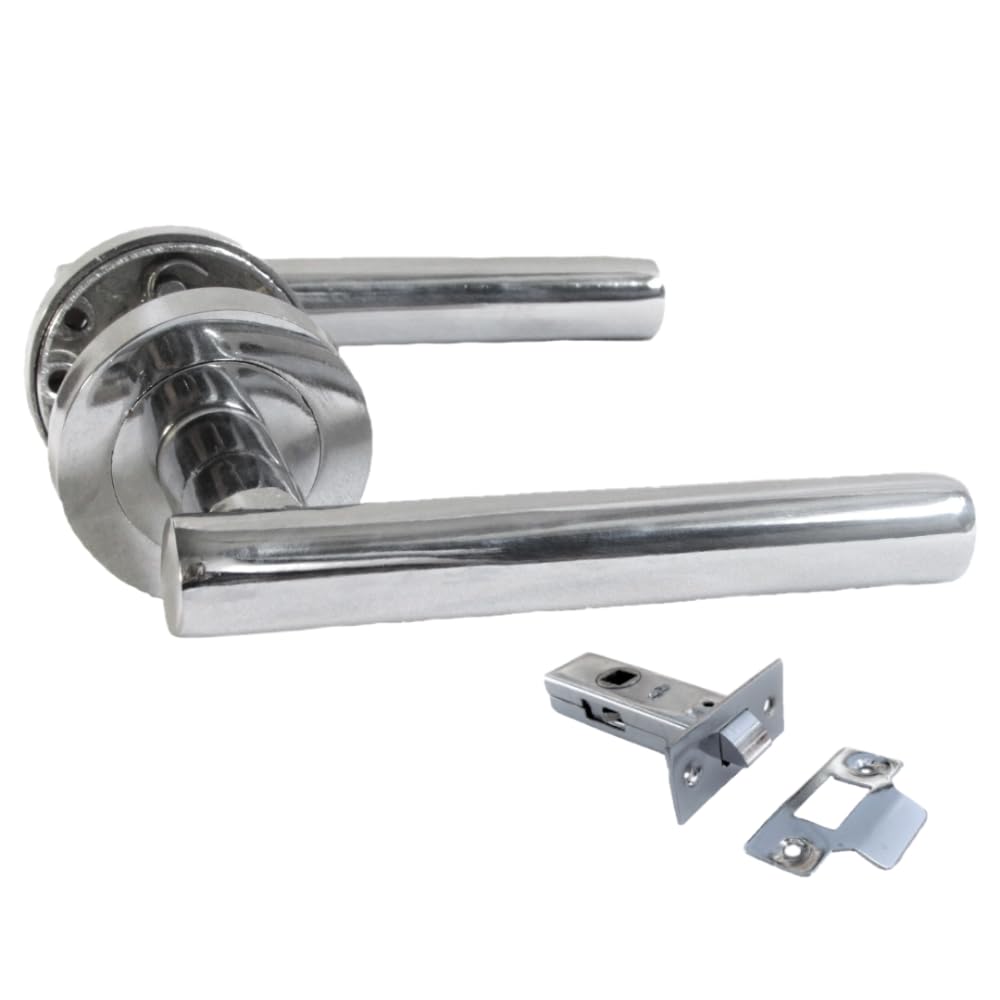Epsom Door Handle Chrome Door Handles on Rose – 123mm Modern Lever with 52mm Round Rose | Packs & Complete Handle Sets (1 x Pair of Handles + Tubular Latch)