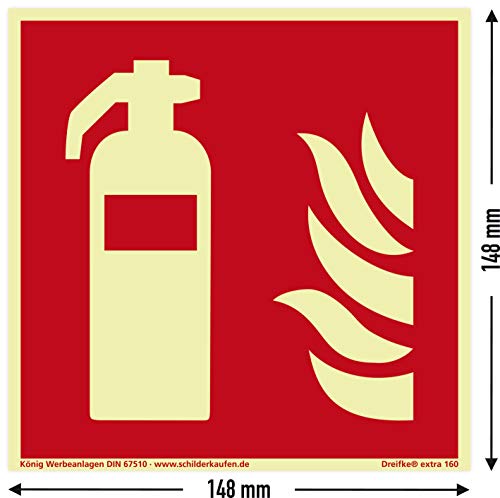 Preisvergleich Produktbild Schild Feuerlöscher / extra langnachleuchtend / PVC selbstklebend 148x148mm / DIN EN ISO 7010 F001 / DIN 67510 (Brandschutzzeichen) Dreifke® extra 160
