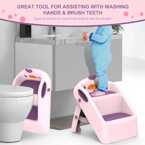 يو-هومي مقعد قابل للطي للاطفال الصغار في المطبخ والحمام والحوض، مقعد تدريب على استخدام المرحاض على النونية، ارتفاع مزدوج 11 انش، مقعد بلاستيكي مساعد للمطبخ مع مقابض، مقعد قدم للحضانة (بينك)