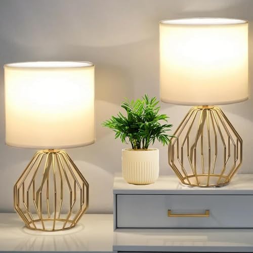Small Gold Table Lamps, Set of 2 Bedside Nightstand Lamps with Wh...