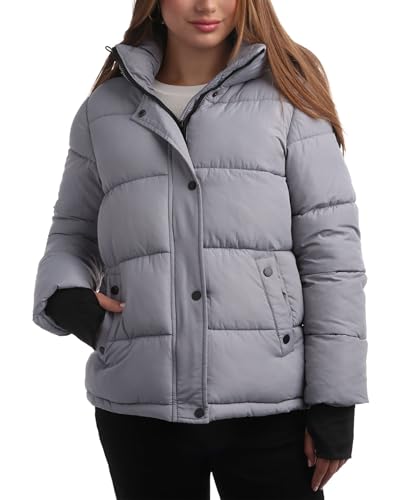 Steve Madden Quilted Moto Puffer Jacket - Heavyweight Hooded Winter Coat - Insulated Outerwear Jacket for Women (Sizes: S-XL)