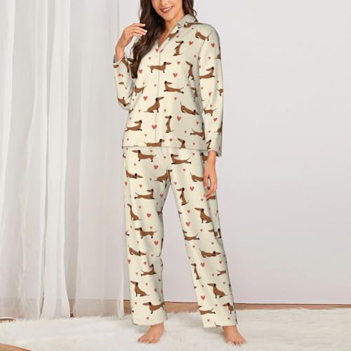 Kuilepa Damen-Pyjama-Set mit Herz-Dackel-Motiv, Knopfleiste, 2-teilig, langärmelig, Schwarz, L
