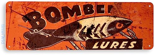 Tinworld Tin Sign: Bomber Lures Retro Rustic Fishing Fish Bait