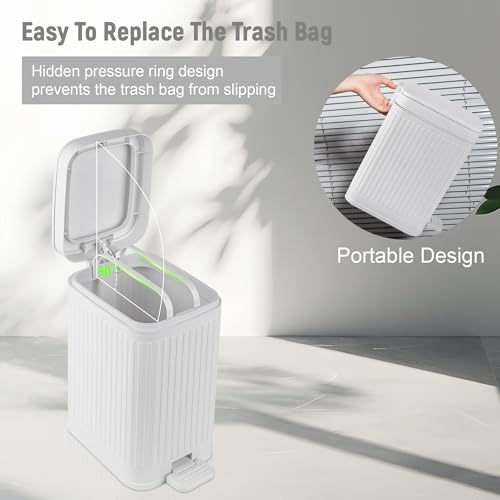 Image of rejomiik Small Bathroom Trash Can with Lid Slim Soft Close Garbage Can Step Wastebasket Container Trash Bin for Office Bedroom Kitchen Living Room (1.9 Gallon White)