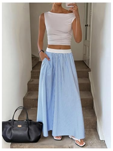 GORGLITTER Women's Striped Ruffle Long Skirt Contrast Trim High Waist Y2k Flowy Skirts3