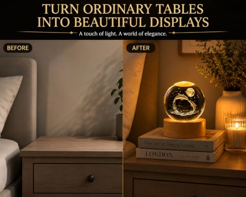 Image of Quace 3D Dolphin Crystal Ball Lamp, LED Crystal Globe Night Light with Wooden Base, USB Decorative Table Lamp for Bedroom Decor, Desk Decor, Birthday & Housewarming Gift