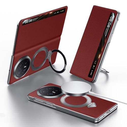 Étui Honor Magic V6 cuir rouge anti choc avec fenêtre connectée
