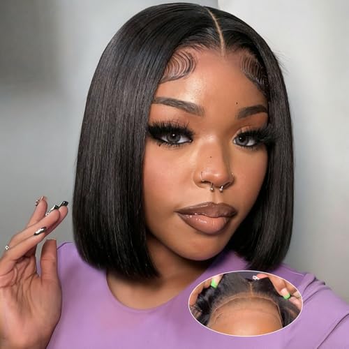 omswet Glueless Wear and Go Bob Wig Human Hair 5x5 HD Lace Closure Wigs Human Hair Pre Plucked Pre Bleached Pre Cut Glueless Wigs for Black Women Natural Black 10 Inch Pre Everything Bob Wig