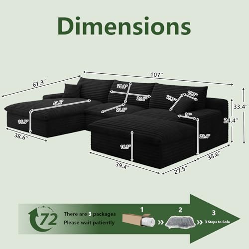 Image of 107 inch Cloud Couch Modular Sectional Sofa for Living Room, U-Shape Boneless Couch with Deep Seat, Modern Corduroy 3-Seater with Ottoman, No Assembly Required (Black,Left-Facing Chaise)