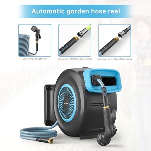 Image of Garden Hose Reel,1 /2 Inch x 82FT Water Hose (GASE2001), Super Heavy Duty, Any Length Lock, Slow Return System, Wall Mounted and 180 Deg Swivel Bracket