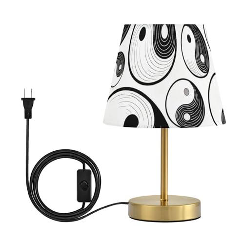 linqin Yin Yang Symbol Pattern with Subtle Color Table Lamp for Bedroom 3 Lighting Modes Small Desk Lamp with Shade for Bedside Desk Office Reading, Antique Brass Base