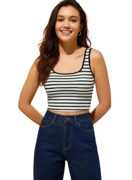tusi Women's Striped Sleeveless Crop Top, Black & White-picture-35