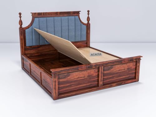 Image of Craft Solid Wooden King Size Bed with Storage | Double Bed Cot Bed with Box Storage & Blue Colour Upholstered Cushioned Headboard for Bedroom | Sheesham Wood, Honey