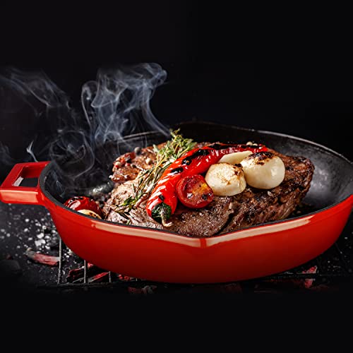 Lava Enameled Cast Iron Steak Grill Pan With Side Drip Spouts - 12 Inch Round, Three Layers Of Enamel Coated Cast Iron Griddle Skillet With Loop Handles, Glass Lid And Metal Knob (Red) #TOP6