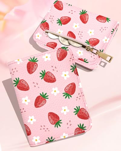 Image of Bistup Leather 12 Slot Accordion Card Holder Wallet, Strawberry | Accordion Storage, Zipper Around Closure, Compact Patterned Wallet for IDs, Cards, Cash, Daily Carry and Gifts
