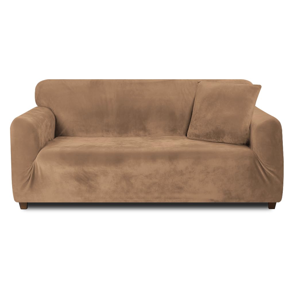 Teynewer Thick Velvet Sofa Covers 1 2 3 4 Seater High Stretch Non-Slip Couch Cover Elastic Furniture Protector Plush Sofa Slipcovers with 1 pillowcase for Living Room Dogs Cat Pet (4 Seater, Khaki)