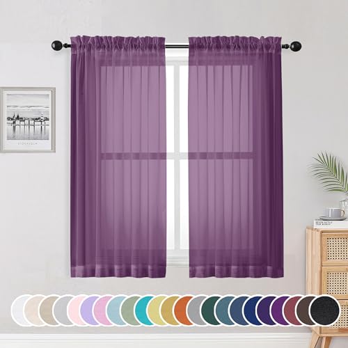 Image of OWENIE Sheer Curtains 54 Inch Length 2 Panels Set, Plam Clear Sheer Short Curtains for Small Window, Light Filtering Clear Curtains Sheer, 2 Pcs 84 Width 54 Long, Plam