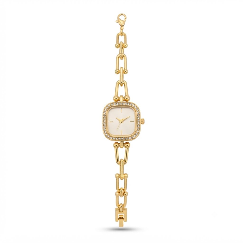 Women's Gold-Tone Analog Bracelet Watch with Square Dial and Rhinestone Bezel | Fashion Wrist Watch for Women & Girls | Elegant Everyday Office Casual Gift-image-36