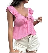 RoseSeek Women's Knitted Cap Sleeve Flowy Ruffle Crop Tops Tie Front Sweetheart Neck Tees Shirts ...