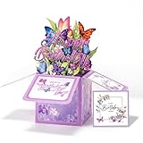 Cartão de aniversário Pop Up 3D Butterflies & Forever Flower Bouquet Cartão de Natal para mulheres, esposa, mãe, filha, irmã, presente de Natal, cartão festivo, azul-roxo