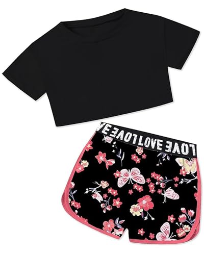Image of Betusline Cute Clothes for Teen Girls, Black Short Sleeve Crop Top Summer T-Shirt and Shorts Clothing Sets, Black, 6-7 Years = Tag 130, Black+red