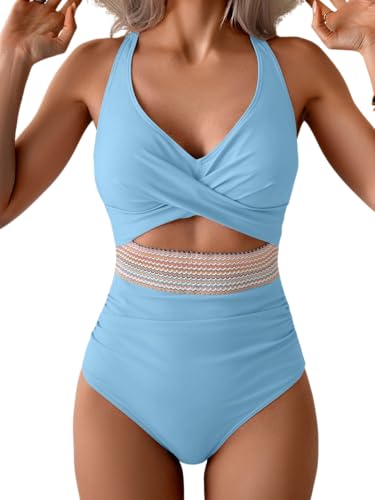 Image of B2prity Women's One Piece Swimsuit Tummy Control High Waisted Bathing Suit | Color Block,Removable Soft Cups,Cutout,V neck,Full Coverage,Adjustable Criss Cross Straps,Tie Back