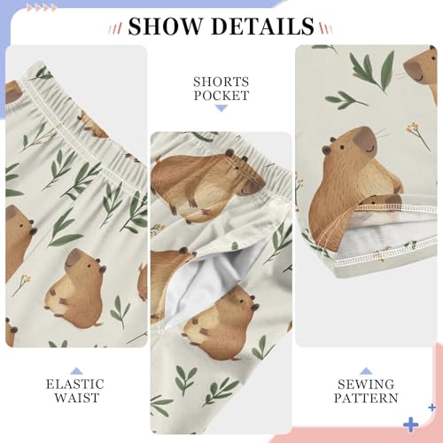 Boys' Pants Cute Brown Capybaras Leaves Long Bottoms Jogger Pants Elastic Waist Trousers with Pockets S-XL4