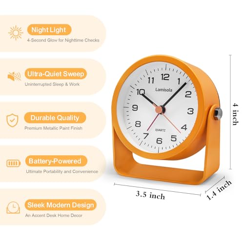 Image of Lamisola 3.5 Inch Bathroom Clock, Small Alarm Clock for Bedroom, Orange | Battery Travel Desk Table Analog Clock for Kids Seniors Teens, Retro Cute Metal Home Decor Shelf Clock, Night Light Snooze