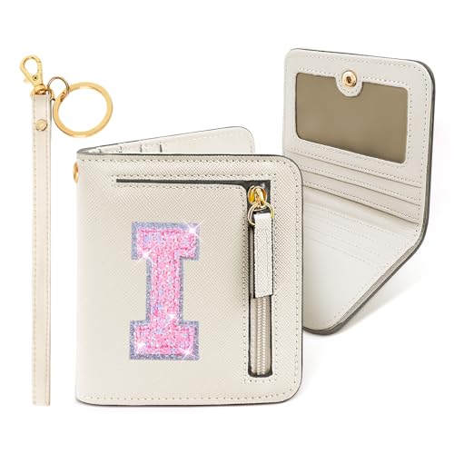Image of COSHAYSOO Initial Wallet RFID Small Bifold Slim Letter Wallet for Women Teenager Girls Travel Daily Necessities Credit Cards Money Cash Coin Organizer, Cream, Compact, I