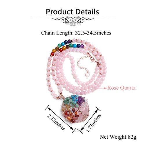 Image of Top Plaza 7 Chakra Healing Crystal Natural Round Gemstone Pendant Necklace Tree of Life Copper Wire Wrapped Beads Necklaces Reiki Jewelry for Women