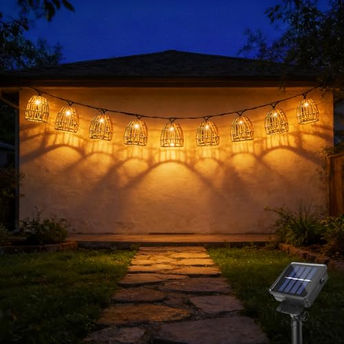 Shengruil Guirlande Lumineuse Exterieure Solaire 10 LED,Guirlande Solaire Exterieur,En Rotin LED Blanc Chaud,Pour balcon, jardin, extérieur