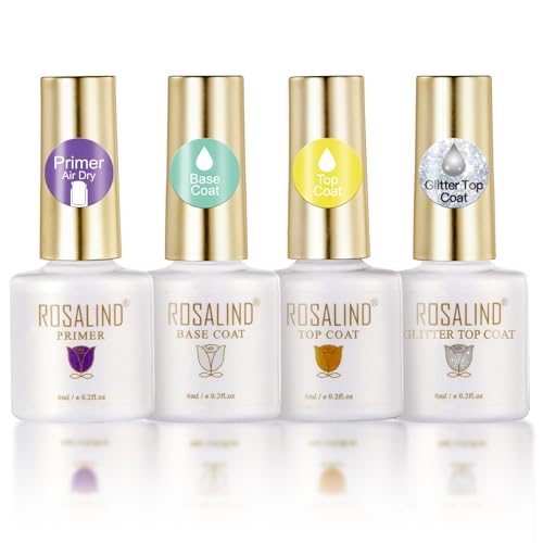 ROSALIND Base e Top coat Semipermanente, Smalto Semipermanente per Unghie Primer e Glitter Top Coat Soak Off UV LED Kit per Manicure 4PCS