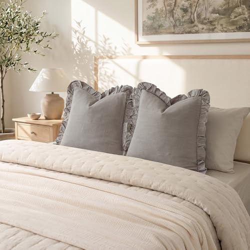 Image of Foindtower Set of 2 Decorative Linen Fringe Ruffle Throw Pillow Covers Soft Boho Farmhouse Cushion Cover Cozy Accent Retro Pillowcase for Couch Sofa Bed Living Room Home Decor,18x18 Inch,Taupe Gray