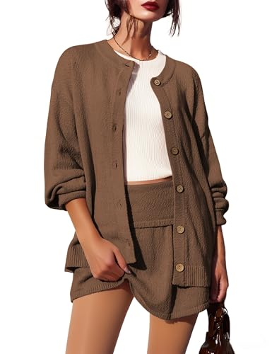 Image of Womens Sweater Set 2 Piece Long Sleeve Mini Skirt Set Button Down Cardigan and Skort Sets Matching Sets
