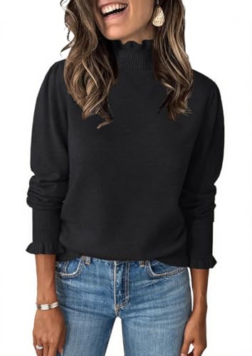 Image of Womens Ruffle Mock Neck Sweater Puff Long Sleeve Fall Trendy Pullover Tops