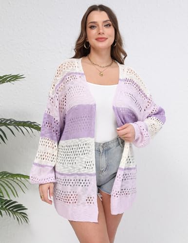 Image of IN'VOLAND Womens Plus Size Crochet Cardigan Lightweight Long Sleeve Open Front Oversized Boho Sweaters Kimonos
