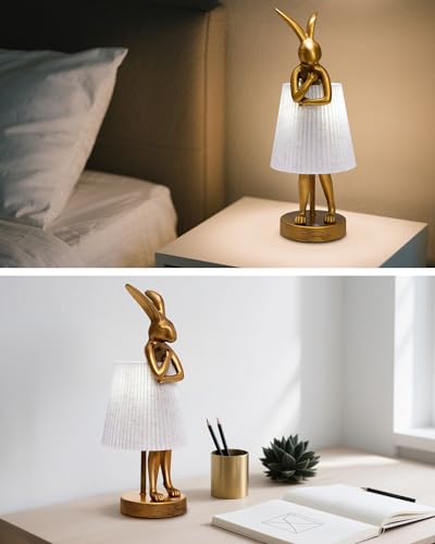 Bunny Rabbit Cordless Table Lamp – 5000mAh Rechargeable Battery Powered LED Night Light Cute Vintage Animal Desk Bedside Lamp with Linen Shade for Kids Room Nursery Home Decor Gift (Pattern)