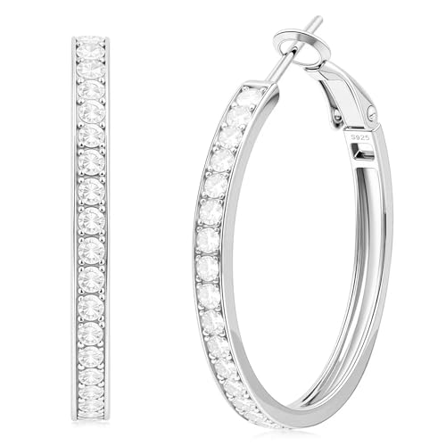 RINEY&KY Moissanite Hoop Earrings for Women 30/50MM Large White Gold Plated Diamond Hoop Earrings Silver S925 Lightweight Inside Out VVS D Certified Moissanite Hoops 1.34/3.86carats