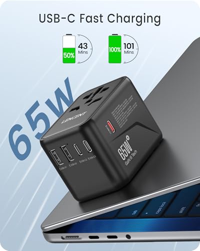 LENCENT Universal Travel Adapter, GaN III 65W International Charger with 2 USB Ports & 3 USB-C PD Fast Charging, All in One Outlet Adaptor for iPhone,Laptops, Type A/C/G/I (USA/UK/EU/AUS)3