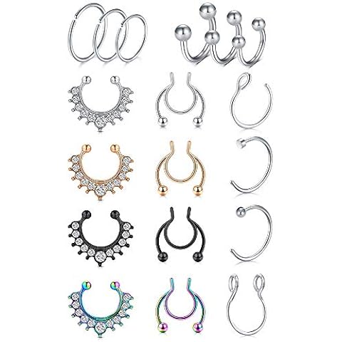 VF VFUN Fake Septum Ring Stainless Steel Clip On Non-Pierced Fake Nose Hoop Rings Nostril Hoop Jewelry for Women Men Cover