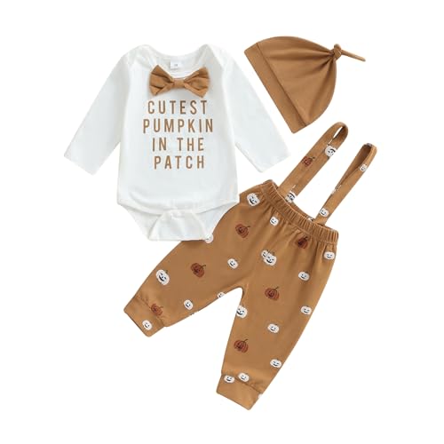 Lenjindjer Newborn Baby Boy Halloween Outfit Letter Print Long Sleeve Gentleman Romper Suspender Pants Hat 3pcs Fall Clothes (Khaki, 0-3 Months)