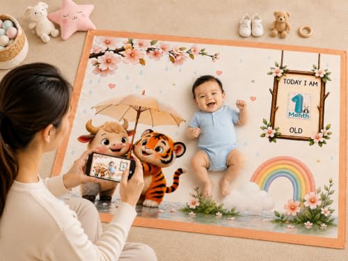 Image of NEW COMERS Baby Monthly Milestone Blanket | 1 to 12 Months Extra Soft Fleece | Best Photography Backdrop Prop | Size - 55 in to 44 inch Super Soft Fabric (Beige)