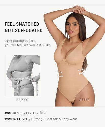 Image of FeelinGirl Shapewear Bodysuits for Women Tummy Control Body Suits Deep V Neck Thong Body Shaper