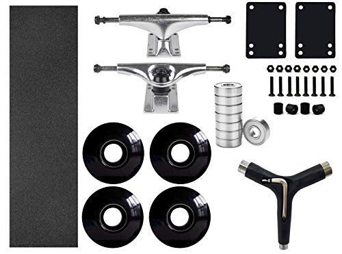 Ready to Build on Your Skateboard Parts and Hardware Set, Skateboard Trucks, Skateboard Black Wheels 52mm, Black Grip Tape, ABEC 7 Bearings, Skateboard Pads, Hardware 1" Plus All in one Y-Tool