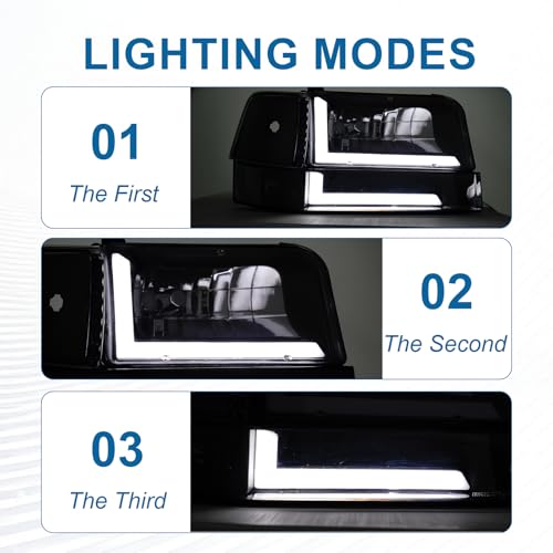 Image of LED DRL Headlights Compatible with 1992-1996 Ford F150 F250 F350 & Bronco Replacements Headlamp Clear Reflector Black Housing