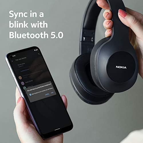 Nokia E1200 Essential Wireless Headphones, On-Ear Headphones with Foldable Headband, Bluetooth 5.0 Compatible, 40Hrs Wireless Playtime, Black