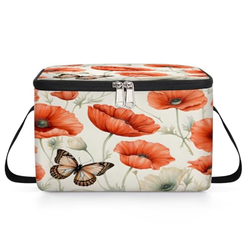 GzLeyigou Poppies Butterfly Lunch Bags for Women Men 9 Cans, Hot & Cold Food Delivery Bag Insulated Grocery Bag Insulated Lunch Box Flowers Cooler Bag for Office Work Picnic Beach