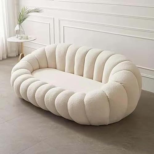 Image of CRAFTCITY Pumpkin Style Wooden Sofa | Contemporary Wool Sofa with Swen Pillow Back for Living Room (Beige, 3 Seater)