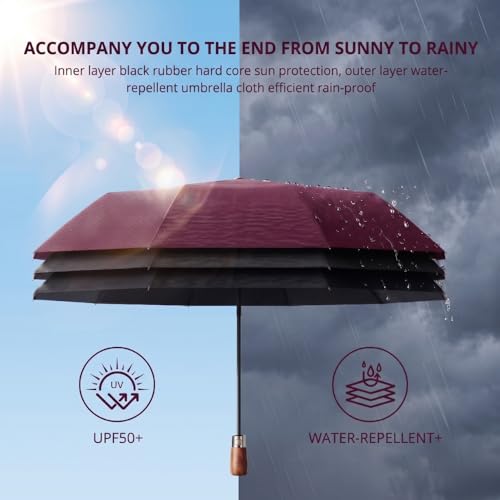 Image of STAR WORK Small Wooden Handle Compact UV Protection Umbrella, Automatic Open Hook Handle Stick Golf Umbrellas for Rain, Sun & Wind Protection.